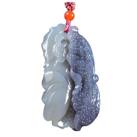 Chinese Hetian Jade Carved Lotus Leaf & Lotus Flower Pendant w Hand Woven Necklace