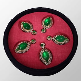 A Set Five Silver Plated Gilt Gold Inlay Green Jadeite Lucky Pendant w Box