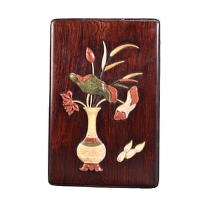 Old Chinese Huali Wood Inlay Shoushan Stone & Shell Jewellery Box