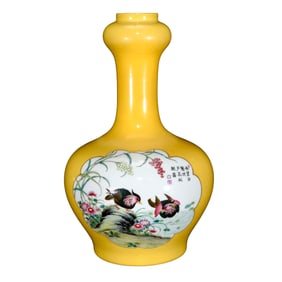 Chinese Qing Dynasty Yellow Glaze Famille Rose Flowers Bird Design Porcelain Vase
