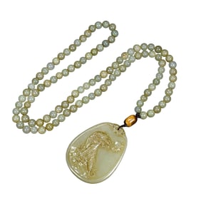 108 Beads Chinese Natural Hetian Jade Round Beads Necklace w Tiger Pendant