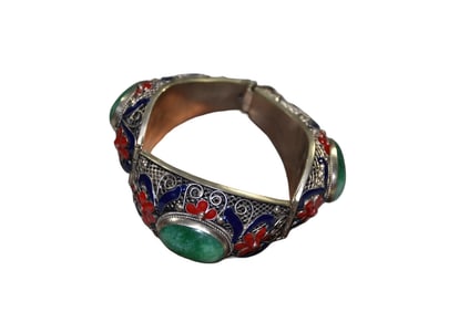 Vintage Chinese White Copper Cloisonne Inlay Green Jade bracelet