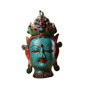 Vintage Tibetan Copper Inlay Turquoise & Gems Kwan-yin Head Statue