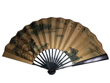 Chinese Watercolour On Xuan Paper Mountain River Scene Painting Fan