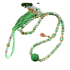 Exquisite Green Jadeite Carved LBead Pendant w Hand Woven Beads Necklace