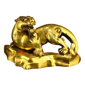 Vintage Chinese Gilt Gold Copper Fortune Unicorn Statue