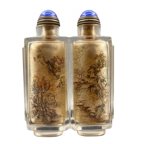 Old Chinese Peking Glass Inside Painting Mountain River Scene Conjoined Snuff Bottle w Stopper