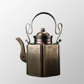 Old Chinese White Copper Inlay Gems Handle Teapot