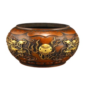 Chinese Gilt Gold Copper Double Dragon Fireball Incense Burner