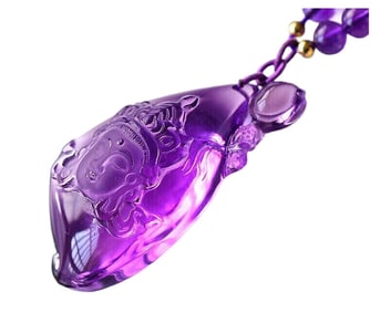 Beautiful Amethyst Carved Kwan-yin Pendant w Hand Woven Beads Necklace