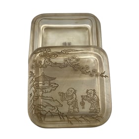 Vintage Chinese Peking Glass Carved Pine Tree & Figure Inkpad Box