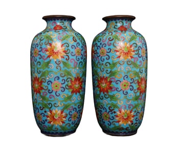 A Pair Vintage Chinese Gilt Gold Copper Cloisonne Vases