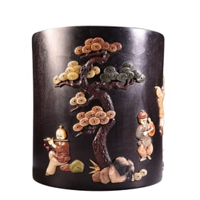 Chinese Zitan Wood Inlay Shoushan Stone Pine Tree & Kids Design Brush Pot