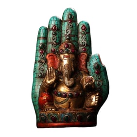 Old Tibetan Gilt Gold Bronze Inlay Turquoise & Red Coral,Gem Ganesha Buddha Statue