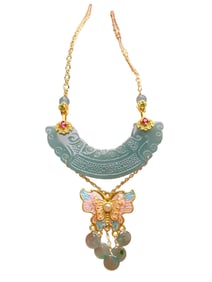 Beautiful Silver Plated Gilt Gold Enamel Inlay Jadeite Pendant