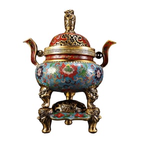 Vintage Chinese Gilt Gold Copper Cloisonne Fortune Dragon Incense Burner