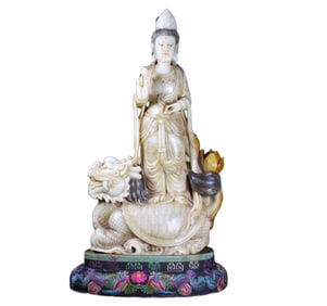 Superb Vintage Chinese Shoushan Stone Carved Kwan-yin Statue