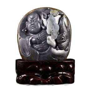 Chinese Natural Hetian Jade Carved Arhat & Beast Statue