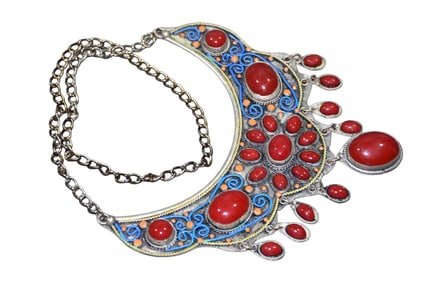 Chinese Copper Cloisonne Inlay Gems Necklace