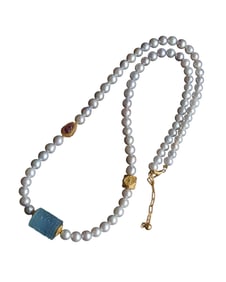 Hand Woven Aquamarine & Pearl & Gourd Tourmaline Beads Necklace
