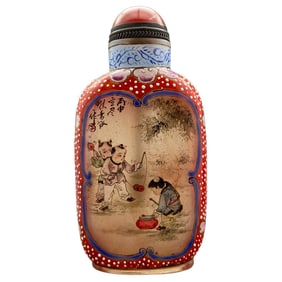 Old Chinese Peking Glass Inside Painting Kid Design Snuff Bottle w Stopper