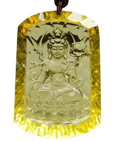 Beautiful Yellow Crystal Carved Lotus Flower Kwan-yin Pendant w Hand Woven Necklace