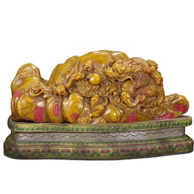Superb Old Chinese Tianhuang Stone Carved Fortune Dragon Statue w Box
