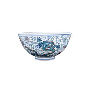 Chinese Qing Dynasty Doucai Dragon Phoenix Design Porcelain Bowl