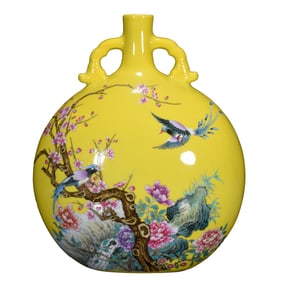 Chinese Qing Dynasty Yellow Glaze Famille Rose Plum Flower & Magpie Design Porcelain Vase