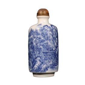 Chinese Qing Dynasty Blue And White Porcelain Mountain River Scene Design Porcelain Snuff Bottle