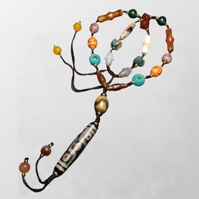 Tibetan 9 Eye DZI Agate Lucky Pendant w Hand Woven Beads Necklace