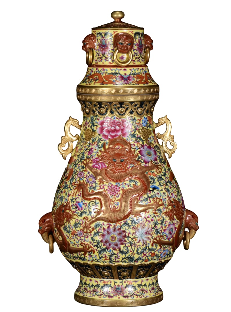 Chinese Qing Dynasty Gilt Gold Famille Rose Enamel Fortune Dragon Design Porcelain Pot w Lid