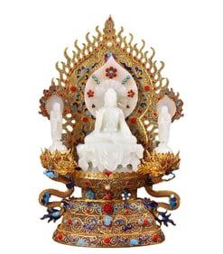 Exquisite Chinese White Hetian Jade Carved Three Buddha Statue w Gold Wires Enamel Inlay Gems Base