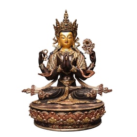 Tibetan Gilt Gold Copper Inlay Gems Four Arm Kwan-yin Statue