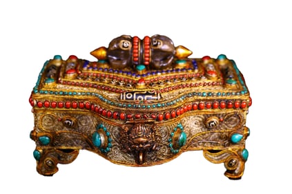 Tibetan Buddhism Gold Wire Inlay DZI Agate & Turquoise & Lapis Lazuli & Crystal Jewellery Box