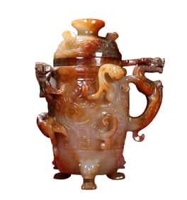 Superb Old Chinese Hetian Jade High Relief Chi Dragon Cup Statue
