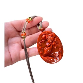 Chinese Nanhong Agate Carved Carp & Lotus Leaf & Lotus Flower Pendant