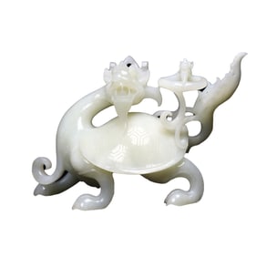 Superb Chinese White Hetian Jade Carved Dragon Turtle Statue