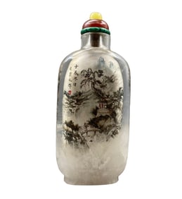Old Chinese Crystal Inside Painting Mountain River Scene Design Snuff Bottle w Stopper