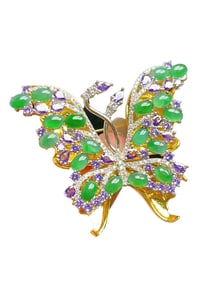 Beautiful 925 Silver Plated Gilt Gold Inlay Green Jadeite Butterfly Pendant