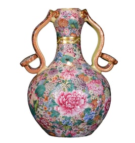 Chinese Qing Dynasty Gilt Gold Famille Rose Hundreds Of Flowers In Bloom Design Porcelain Vase
