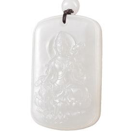 Chinese Hetian Jade Low Relief Lotus Flower Kwan-yin Pendant w Certificate