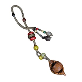 Vintage Olive Nut Carved Boat & Figure Pendant w Hand Woven Beads