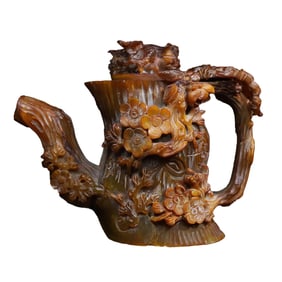 Vintage Ox Horn Carved Plum Flower & Magpie Teapot