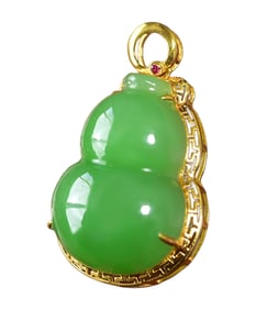 Exquisite Chinese 18K Gold Inlay Green Hetian Jade Carved Gourd Pendant