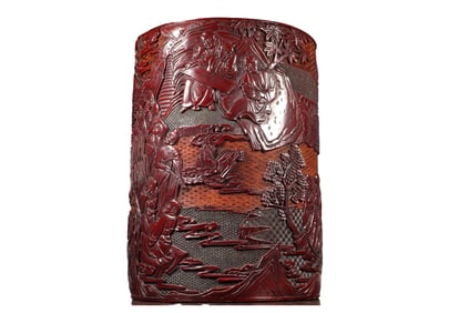 Vintage Chinese Red Lacquerware Low Relief Arhat Brush Pot
