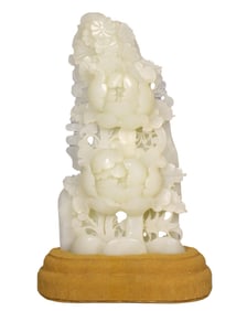 Superb Chinese Hetian Jade Carved Peony Statue