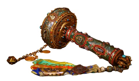 Tibetan Buddhism Gilt Gold Copper Inlay DZI Agate & Turquoise & Gems Prayer Wheel