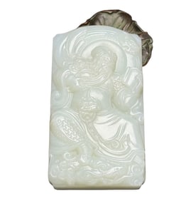 Superb Chinese White Hetian Jade Carved General Guangong Pendant