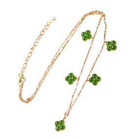 Beautiful Silver Plated Gilt Gold Inlay Green Hetian Jade Clover Necklace
